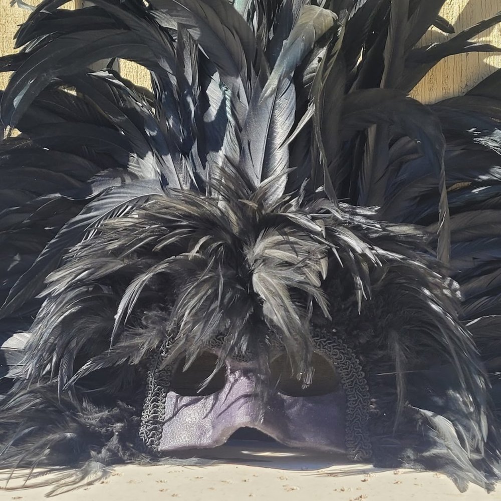 Black Carnival/Venetian Feathered Headdress with Black (Lined) Shaped Suede Mask
